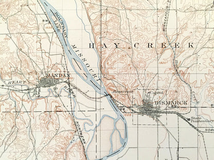 Antique Bismarck, North Dakota 1907 US Geological Survey Topographic Map – Morton, Burleigh, Emmons County, Mandan, Lincoln, Custer, ND