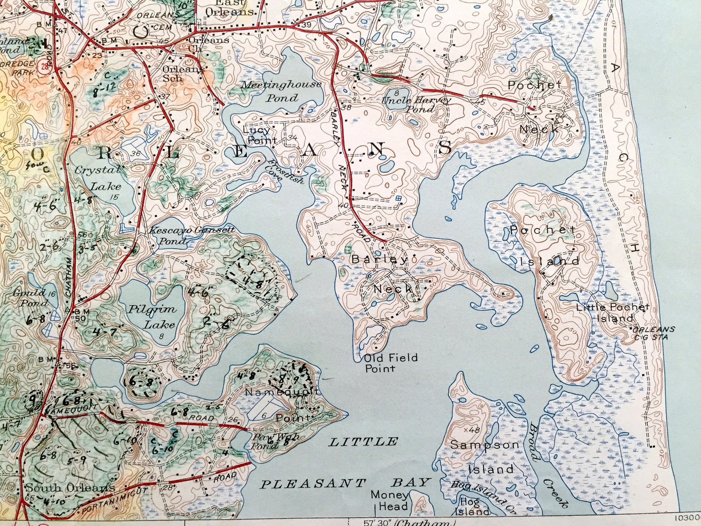 Antique Cape Cod, Orleans, Massachusetts 1944 US Geological Survey Topographic Map – Eastham, Brewster, Nauset Kingsbury Beach Barnstable MA