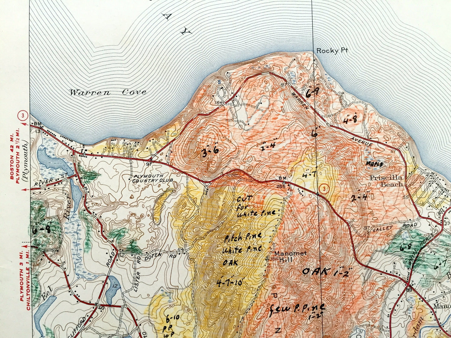 Antique Plymouth, Massachusetts 1937 US Geological Survey Topographic Map – Manomet, Priscilla Beach, White Horse, Cedar Brushes Cape Cod MA