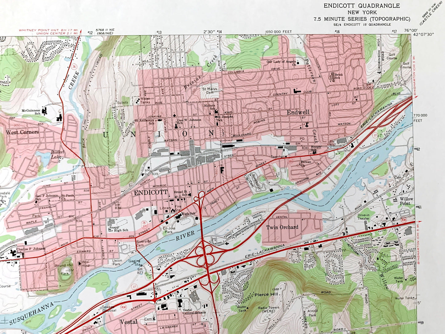 Antique Endicott, New York 1969 US Geological Survey Topographic Map – Broome, Tioga County, Union, Owego, Vestal, Endwell, Twin Orchard, NY