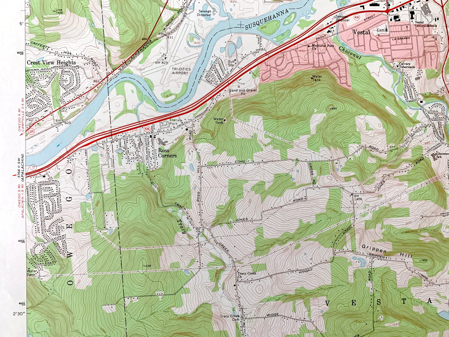 Antique Endicott, New York 1969 US Geological Survey Topographic Map – Broome, Tioga County, Union, Owego, Vestal, Endwell, Twin Orchard, NY