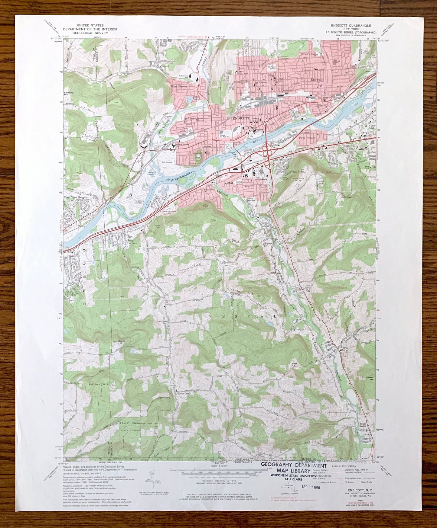 Antique Endicott, New York 1969 US Geological Survey Topographic Map – Broome, Tioga County, Union, Owego, Vestal, Endwell, Twin Orchard, NY