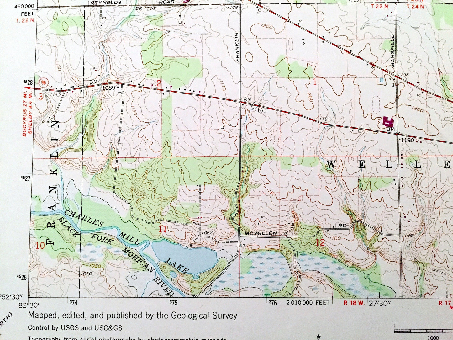 Antique Olivesburg, Ohio 1960 US Geological Survey Topographic Map – Richland County, Franklin, Shenandoah, Weller, Milton, Adario, OH