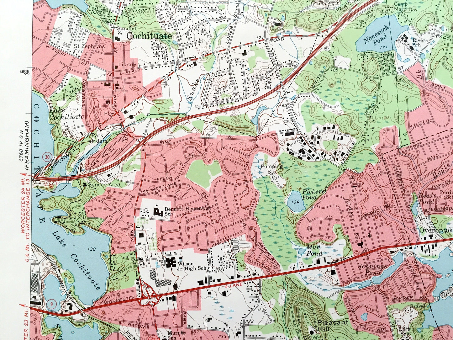 Antique Natick, Massachusetts 1970 US Geological Survey Topographic Map – Wellesley, Wayland, Weston, Waltham Needham Cochituate Sherburn MA