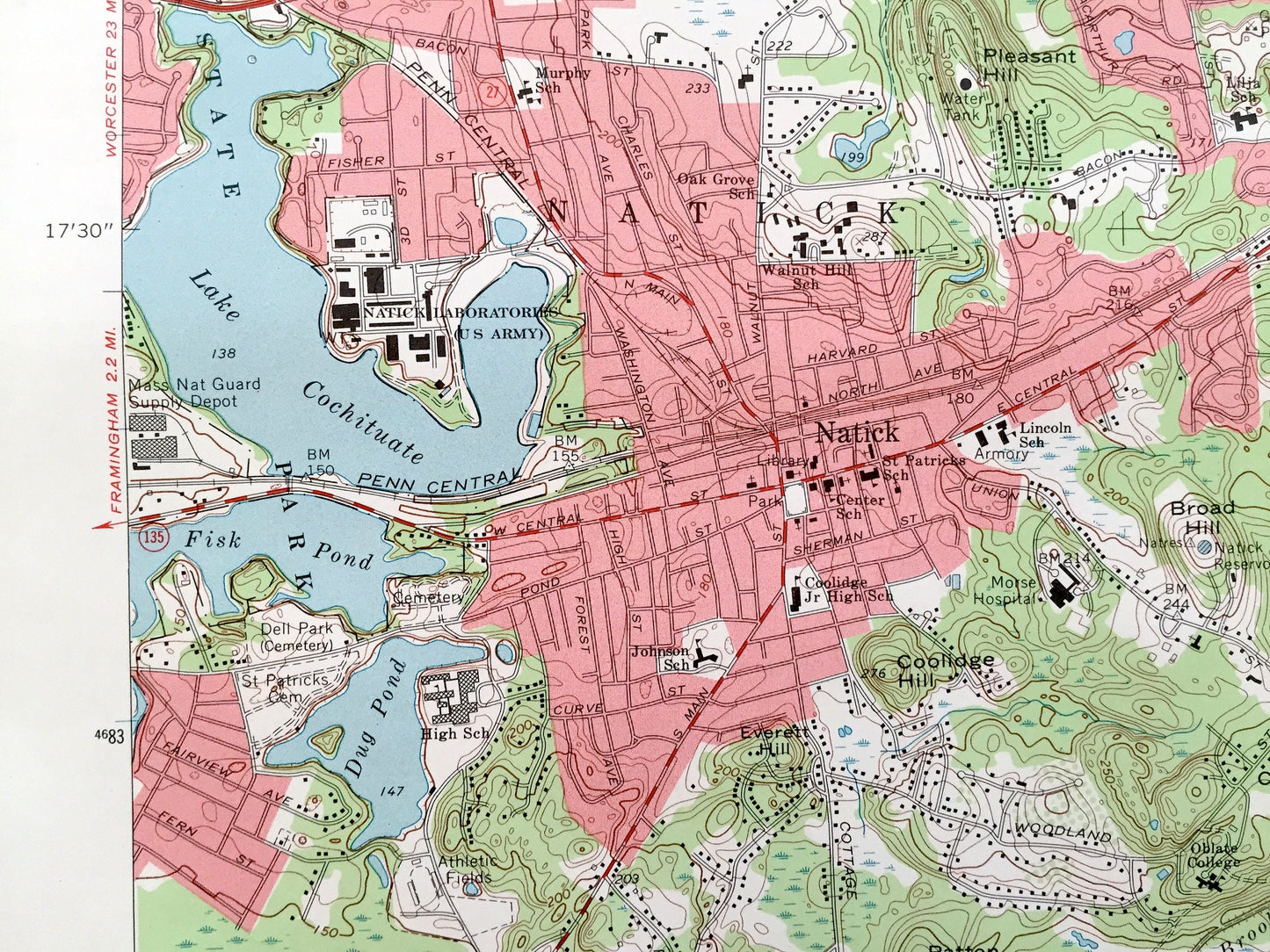 Antique Natick, Massachusetts 1970 US Geological Survey Topographic Map – Wellesley, Wayland, Weston, Waltham Needham Cochituate Sherburn MA