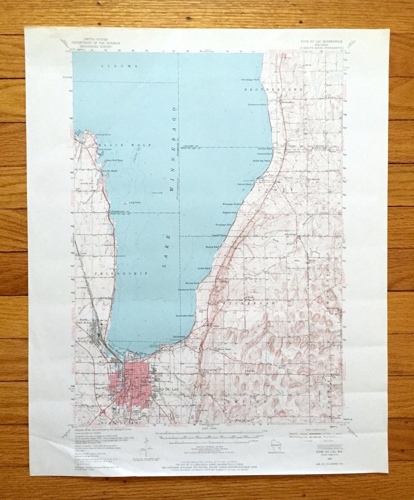 Antique Fond Du Lac, Wisconsin 1955 US Geological Survey Topographic Map – Winnebago, Calumet County, Lake, Oshkosh Taycheedah Black Wolf WI