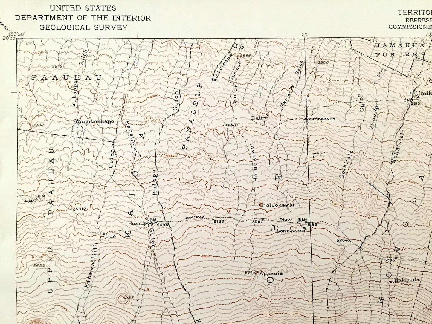 Antique Mauna Kea, Hawaii 1930 US Geological Survey Topographic Map – Hamakua, North Hilo District, Waikamakapo, Umikoa, Dairy, Puu, HI