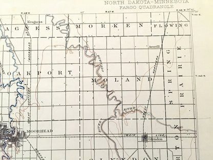 Antique Fargo, North Dakota 1897 US Geological Survey Topographic Map – Moorhead, Minnesota, Cass, Richland, Clay, Wilkin County, MN ND