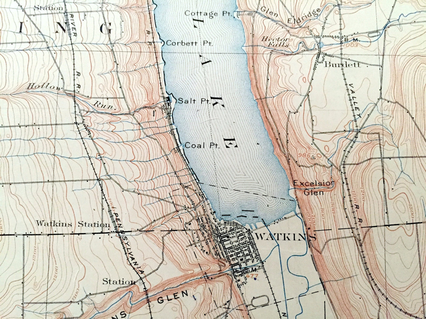 Antique Watkins Glen, New York 1901 US Geological Survey Topographic Map – Schuyler County, Montour, Catlin, Hornby, Hector, Reading NY