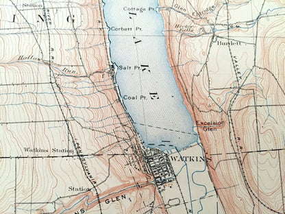 Antique Watkins Glen, New York 1901 US Geological Survey Topographic Map – Schuyler County, Montour, Catlin, Hornby, Hector, Reading NY