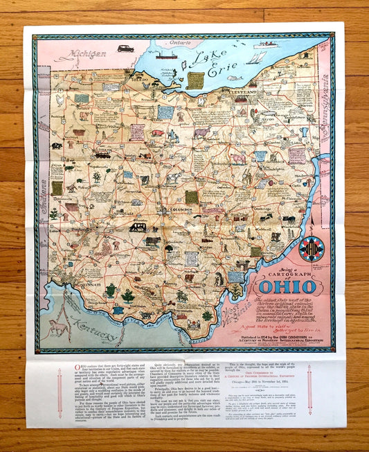 Antique 1934 Ohio State Cartographic Centennial Map – Columbus, Cleveland, Cincinnati, Akron, Dayton, Toledo, Chagrin Falls, Youngstown, OH