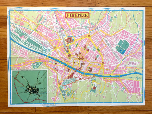Antique 1960 Florence, Italy Pictorial Map from Aziendo Autonoma Di Turismo – Firenze, Tuscany, River Arno, Uffizi, Michelangelo, Duomo
