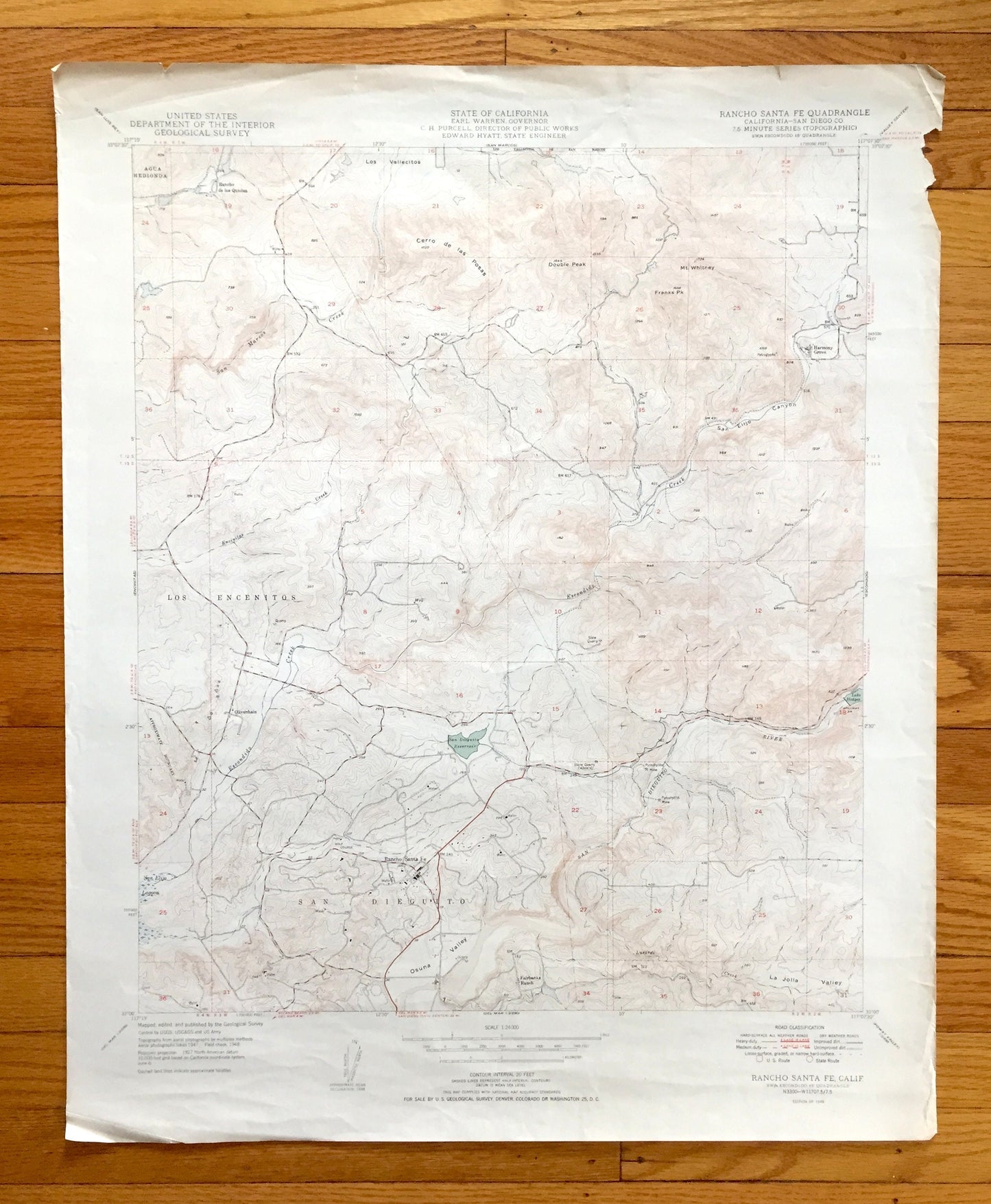 Antique Rancho Santa Fe, California 1949 US Geological Survey Topographic Map – San Diego County, San Dieguito, Los Encenitos, Harmony Grove