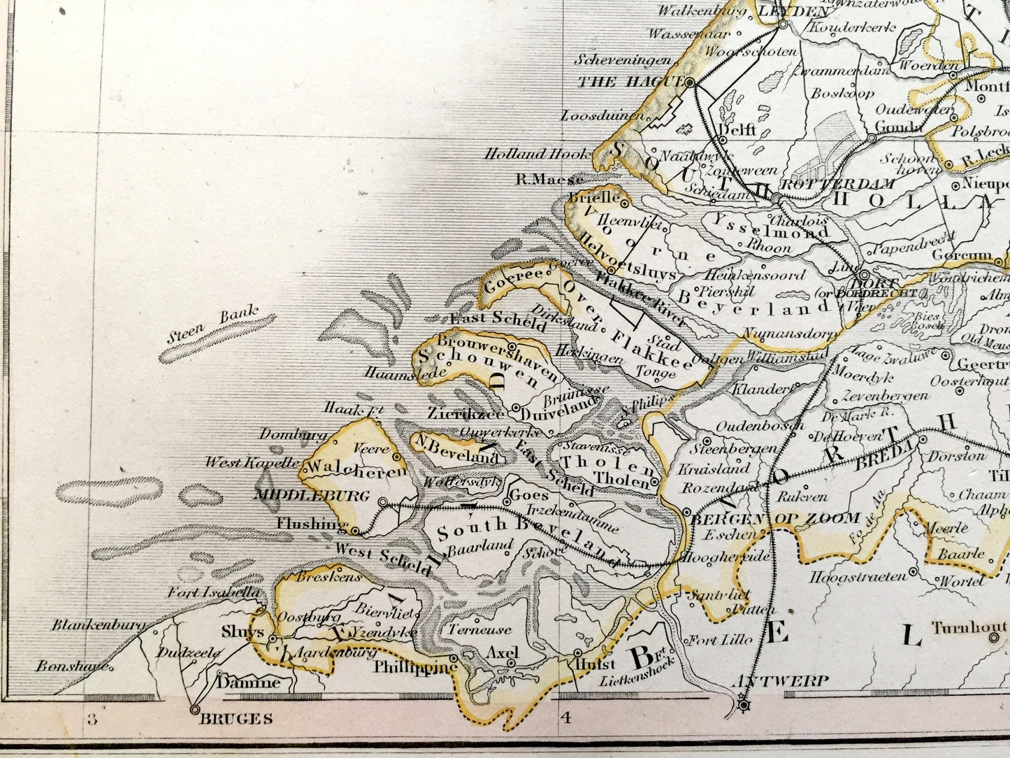 Antique 1850 Holland and Belgium Map by John Dower, Ward & Lock – Netherlands, France, Germany, Amsterdam, Brussels, Ghent, Hague, Texel