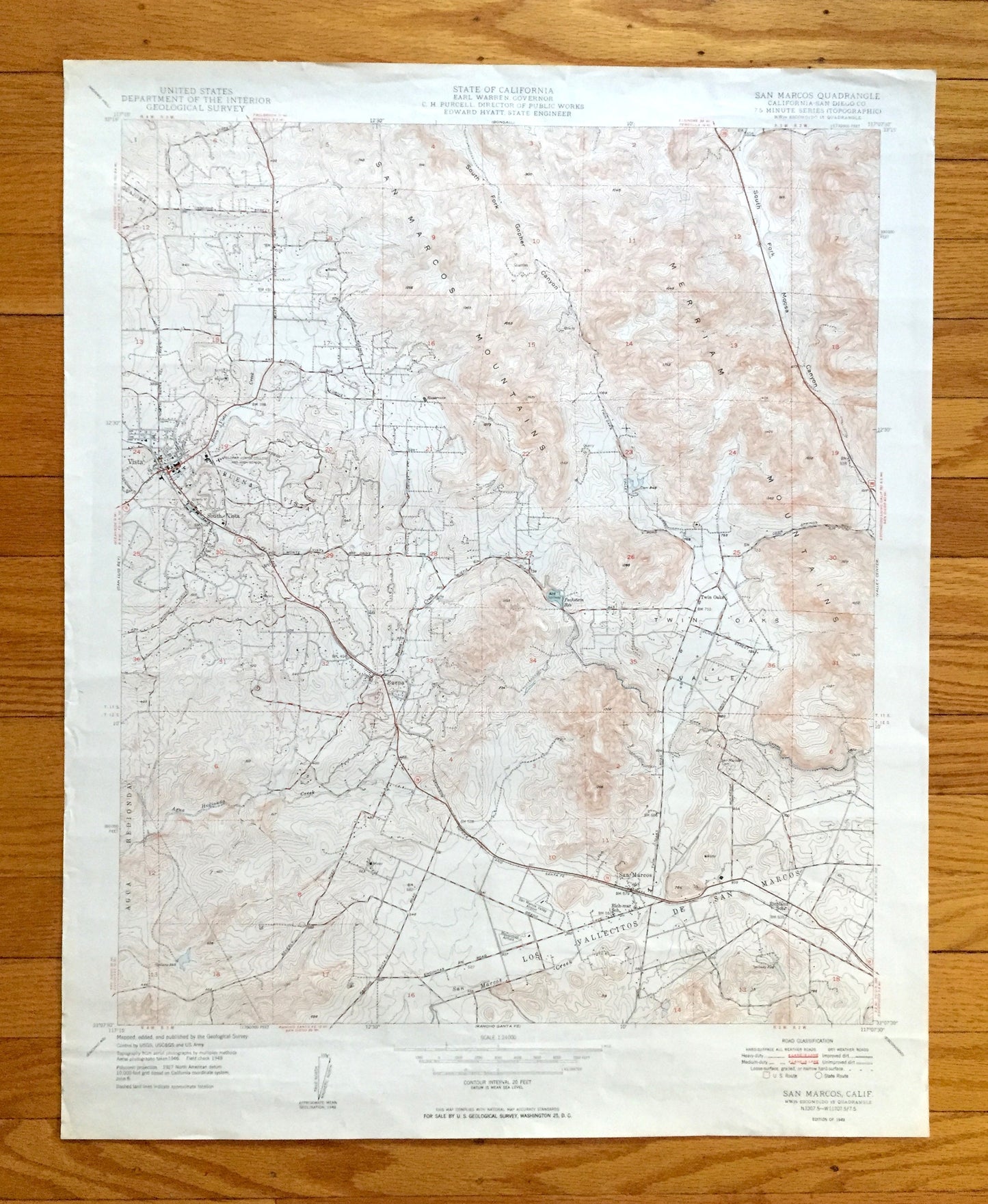 Antique San Marcos, California 1949 US Geological Survey Topographic Map – San Diego County, Carlsbad, Vista, Buena, Escondido, Oceanside CA