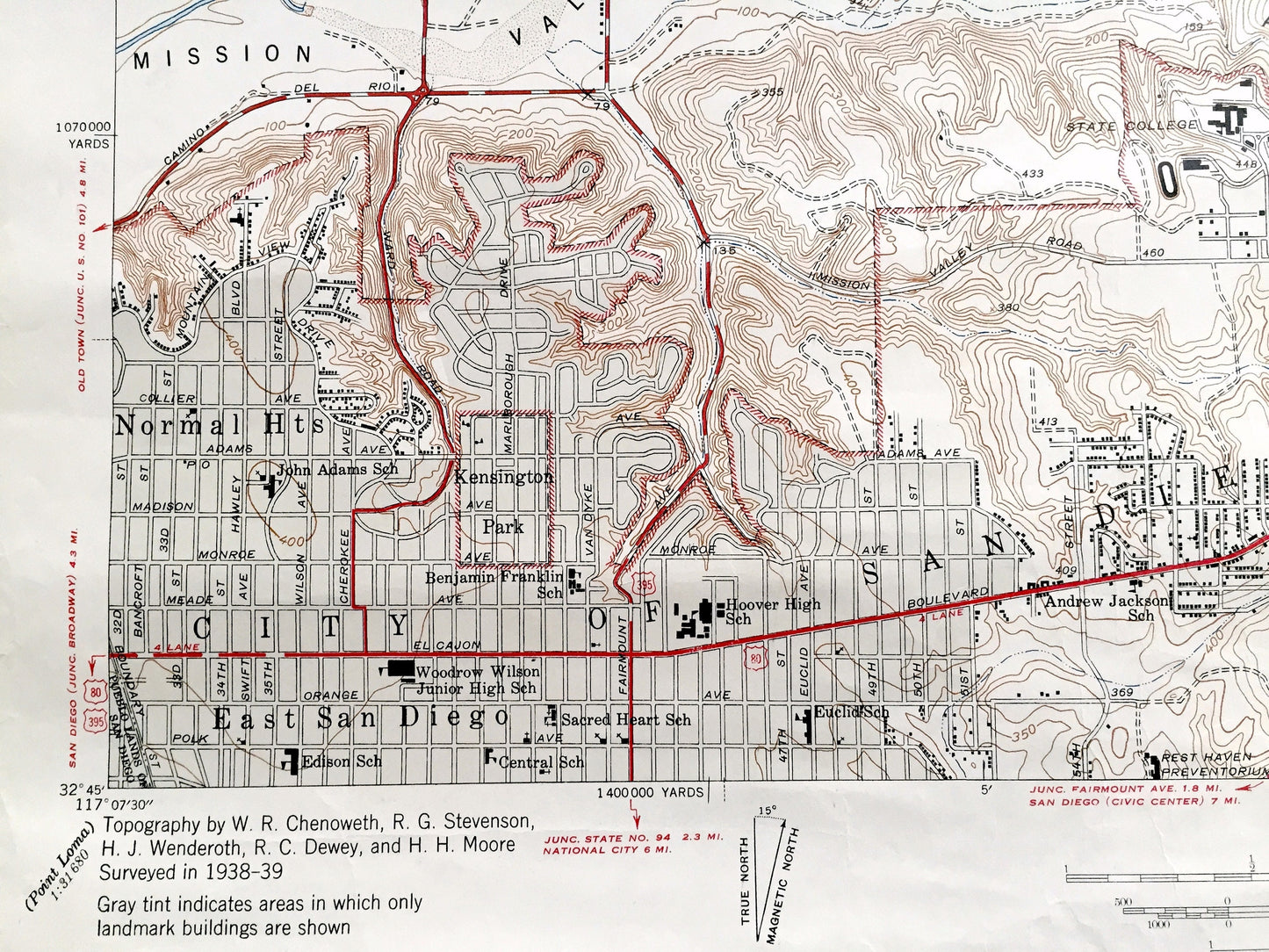 Antique La Mesa, California 1947 US Geological Survey Topographic Map – San Diego County, State University, Mission Trails Park, College, CA