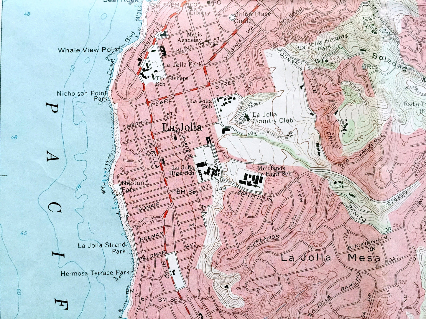 Antique La Jolla, California 1967 US Geological Survey Topographic Map – San Diego, Clairemont, Pacific Beach, University City Serra Mesa CA