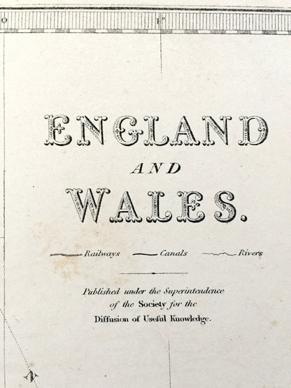 Antique 1844 England & Wales Map from SDUK Atlas – United Kingdom, Great Britain, British Isles, Scotland, London, Manchester, Liverpool, UK