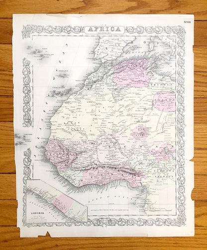 Antique 1855 West Africa Map by GW & CB Colton – Senegambien, Sudan, Nigeria, Ghana, Guinea, Gabon, Morocco, Algeria, Senegal, Liberia