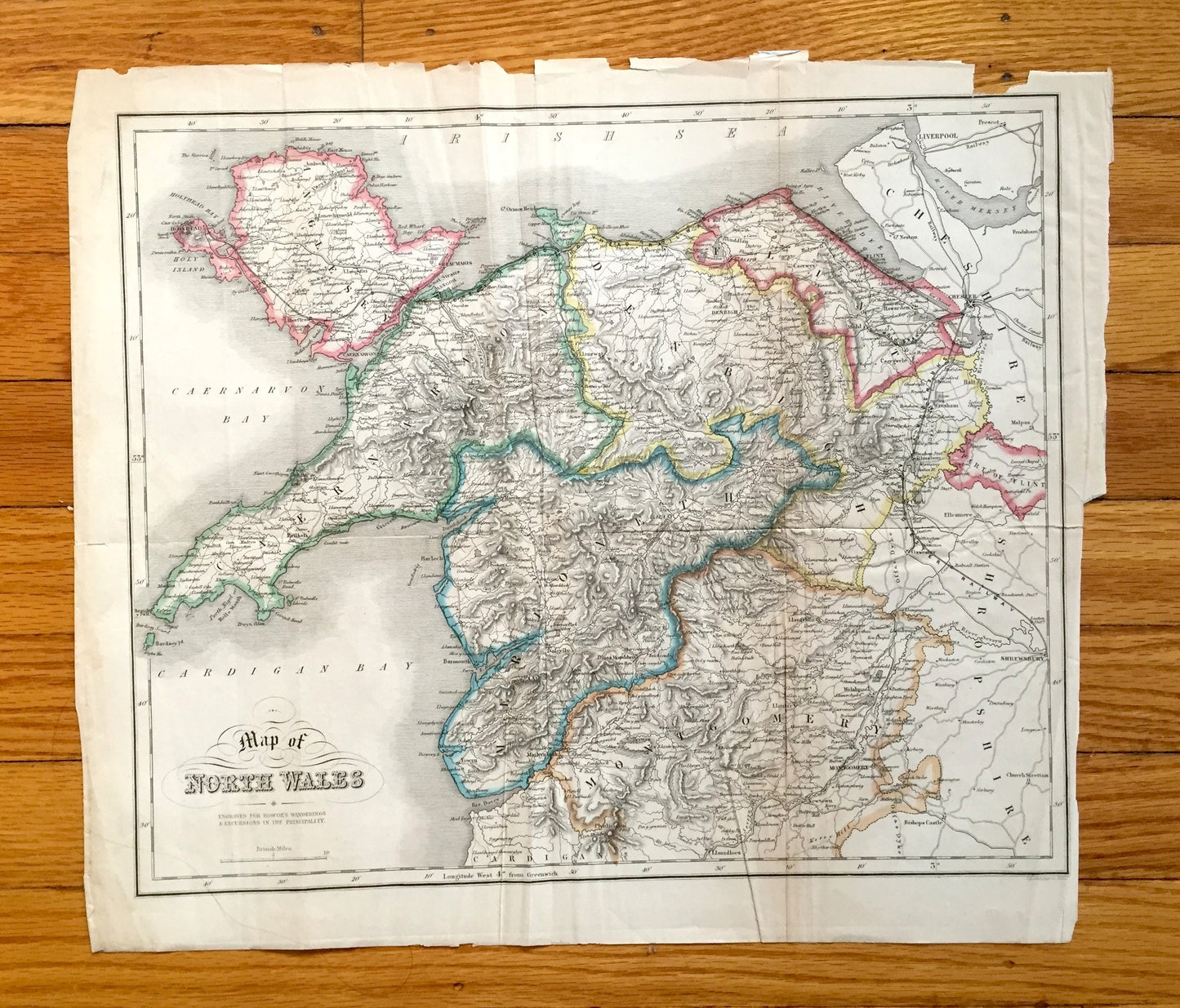 Antique 1836 Map of North Wales by John Bartholomew – United Kingdom, Cymru, Snowdonia, Anglesey, Gwynedd, Wrexham, Conwy, Powys, Rhyl, UK