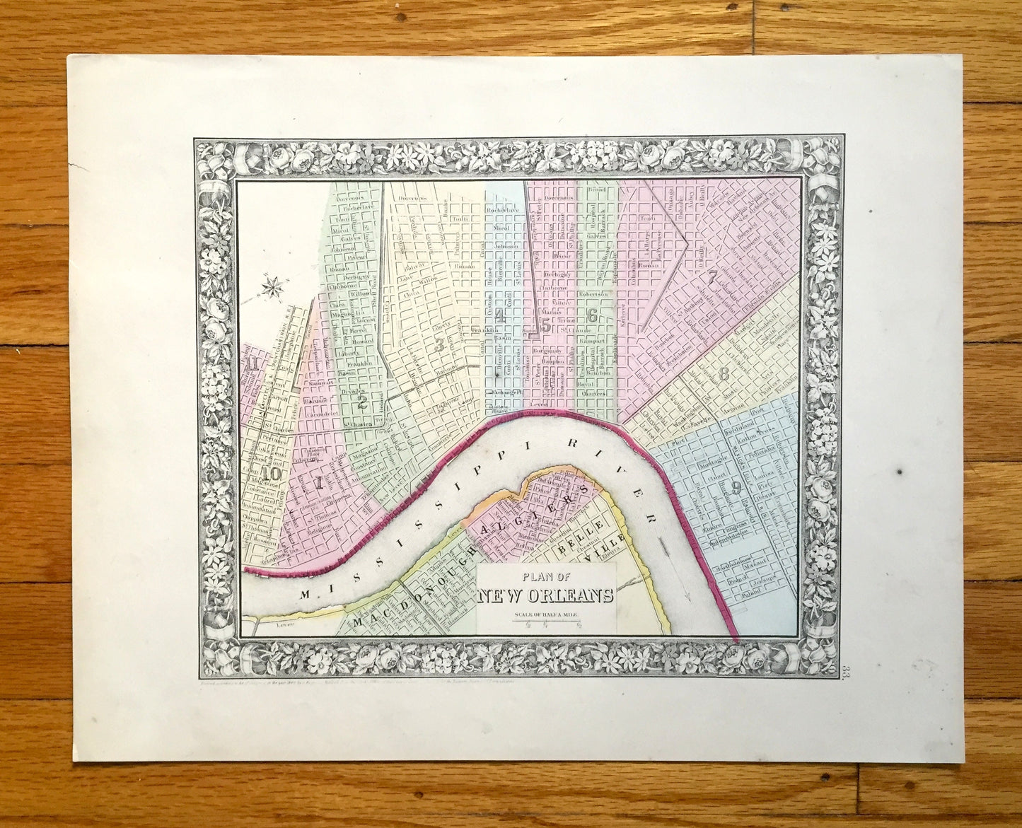 Antique New Orleans, Louisiana 1860 City Plan Map by S.A. Mitchell – Bourbon Street, Big Easy, French Quarter, Garden District, Algiers, LA
