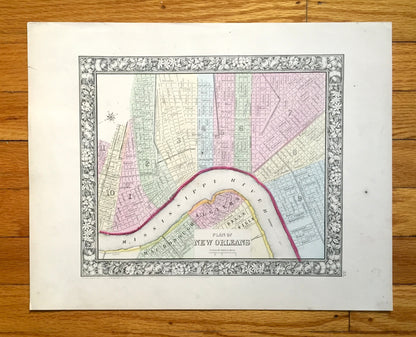 Antique New Orleans, Louisiana 1860 City Plan Map by S.A. Mitchell – Bourbon Street, Big Easy, French Quarter, Garden District, Algiers, LA