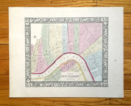 Antique New Orleans, Louisiana 1860 City Plan Map by S.A. Mitchell – Bourbon Street, Big Easy, French Quarter, Garden District, Algiers, LA