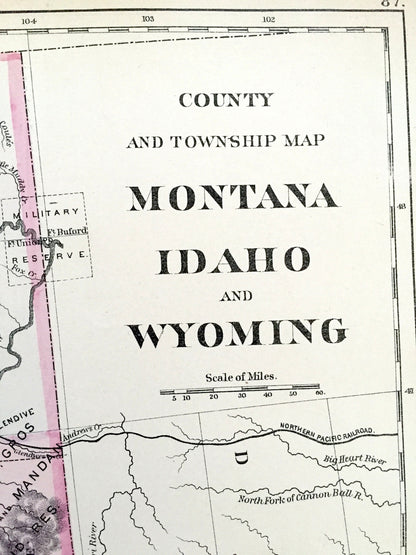 Antique 1882 Montana, Idaho & Wyoming County State Map by S. Augustus Mitchell – Yellowstone, Grand Tetons, Jackson Hole, Butte, Bozeman MT