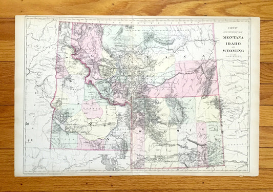 Antique 1882 Montana, Idaho & Wyoming County State Map by S. Augustus Mitchell – Yellowstone, Grand Tetons, Jackson Hole, Butte, Bozeman MT