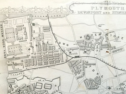 Antique 1851 Plymouth, England Map by John Rapkin from Tallis Atlas  – Exeter, Devonport, Stonehouse, Devon County, Great Britain, UK