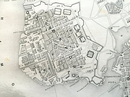 Antique 1851 Plymouth, England Map by John Rapkin from Tallis Atlas  – Exeter, Devonport, Stonehouse, Devon County, Great Britain, UK