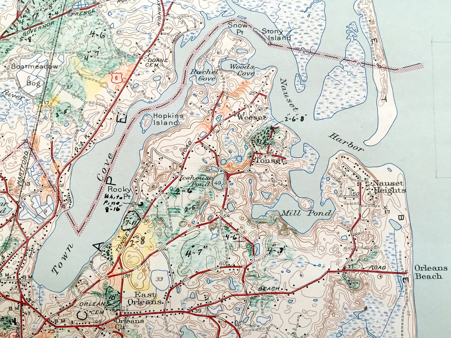 Antique Cape Cod, Orleans, Massachusetts 1944 US Geological Survey Topographic Map – Eastham, Brewster, Nauset Kingsbury Beach Barnstable MA