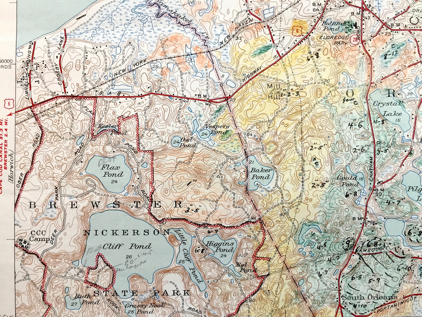 Antique Cape Cod, Orleans, Massachusetts 1944 US Geological Survey Topographic Map – Eastham, Brewster, Nauset Kingsbury Beach Barnstable MA