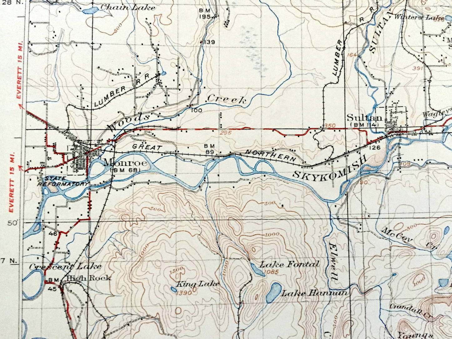 Antique Sultan, Washington 1923 US Geological Survey Topographic Map – Snohomish, King County, Skykomish River, Snoqualmie Forest, WA
