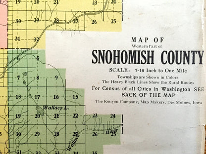Antique Snohomish County, Washington early 1900's Kenyon Company Census Map – Everett, Marysville, Stanwood, Edmonds, Lynnwood, Sultan WA