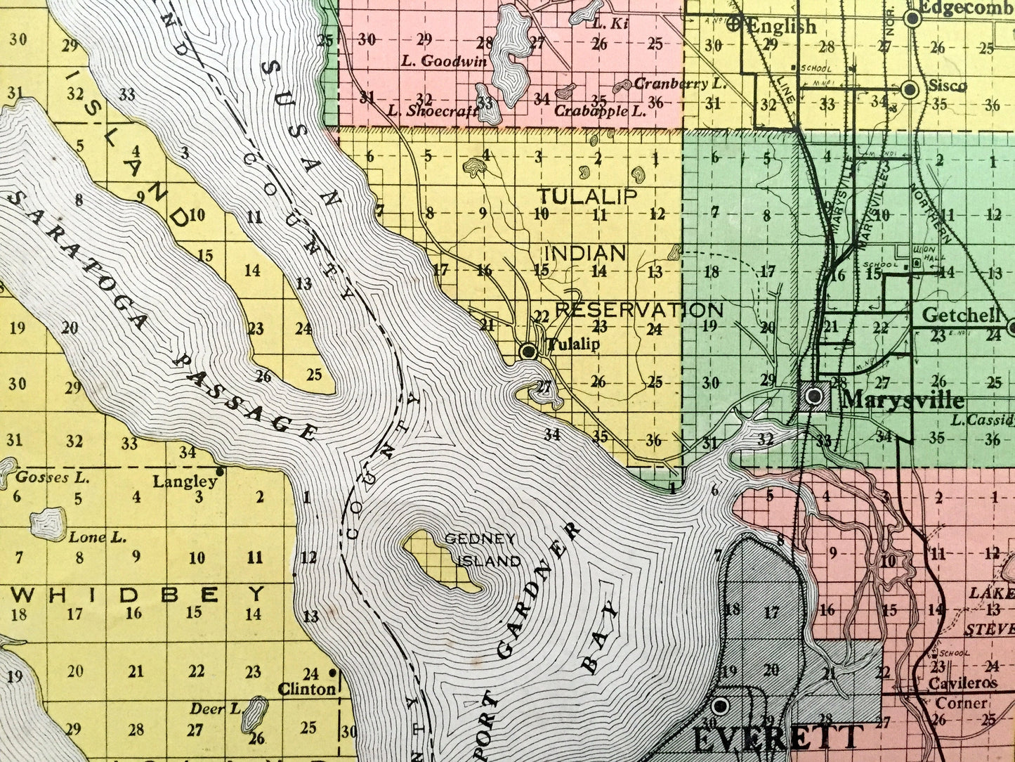 Antique Snohomish County, Washington early 1900's Kenyon Company Census Map – Everett, Marysville, Stanwood, Edmonds, Lynnwood, Sultan WA