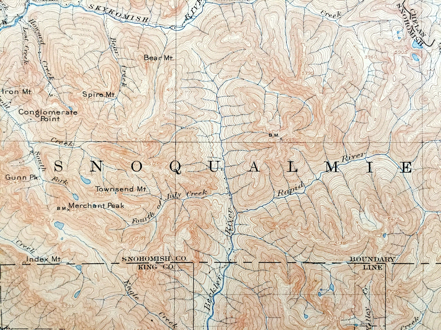 Antique Skykomish, Washington 1905 US Geological Survey Topographic Map – King County, Cascade Range, Wenatchee River, Tonga, Galena, Berlin