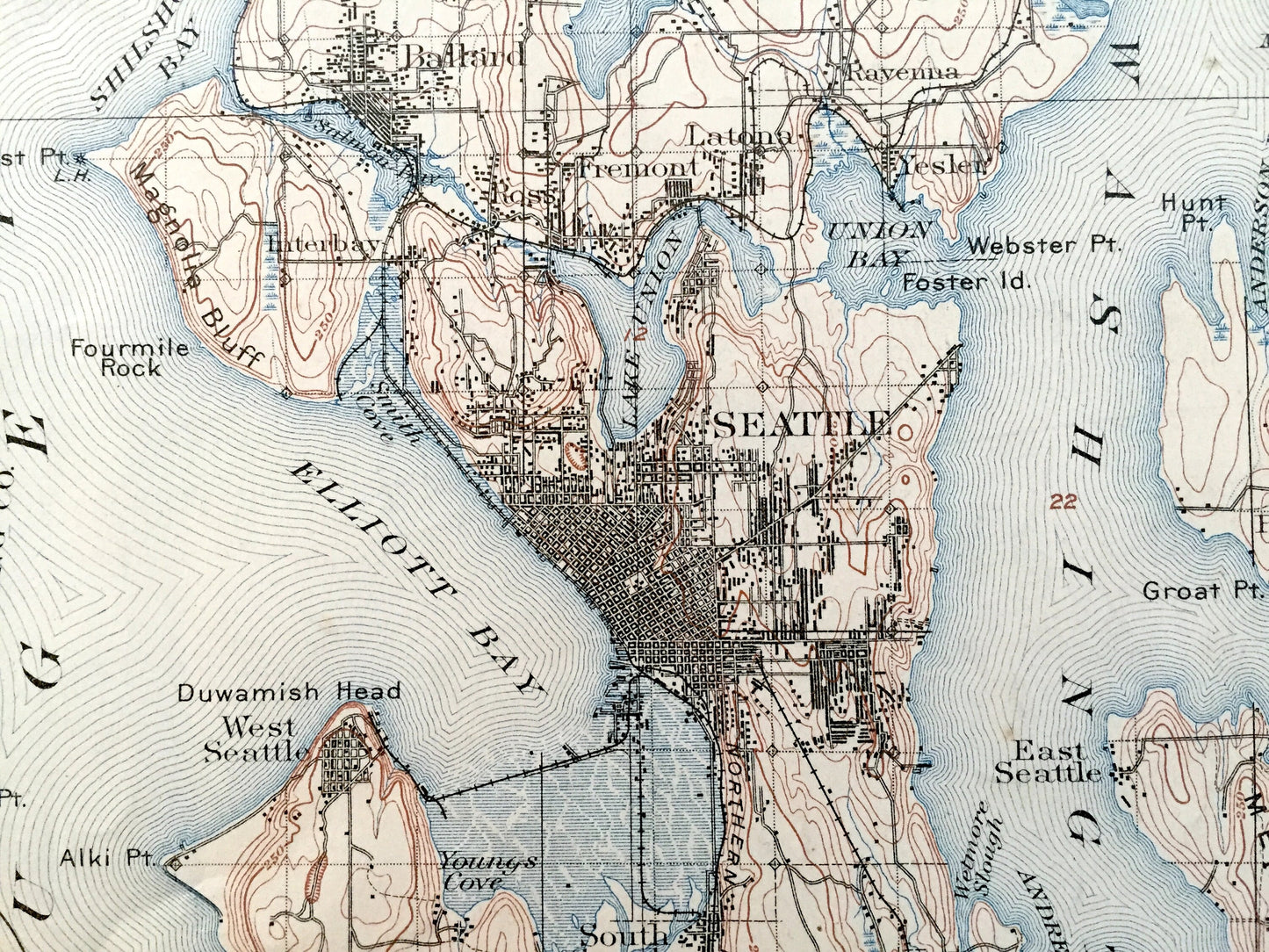 Antique Seattle, Washington 1895 US Geological Survey Topographic Map – Puget Sound, Snohomish, King, Kitsap County, Sammamish Green Lake WA