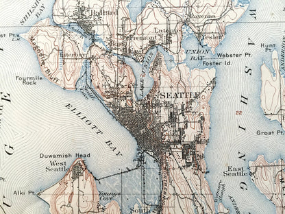 Antique Seattle, Washington 1895 US Geological Survey Topographic Map – Puget Sound, Snohomish, King, Kitsap County, Sammamish Green Lake WA