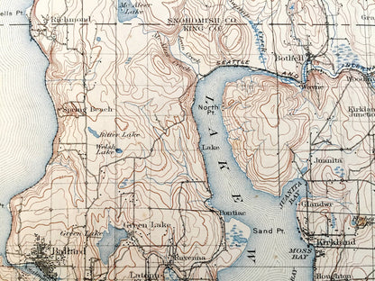 Antique Seattle, Washington 1895 US Geological Survey Topographic Map – Puget Sound, Snohomish, King, Kitsap County, Sammamish Green Lake WA