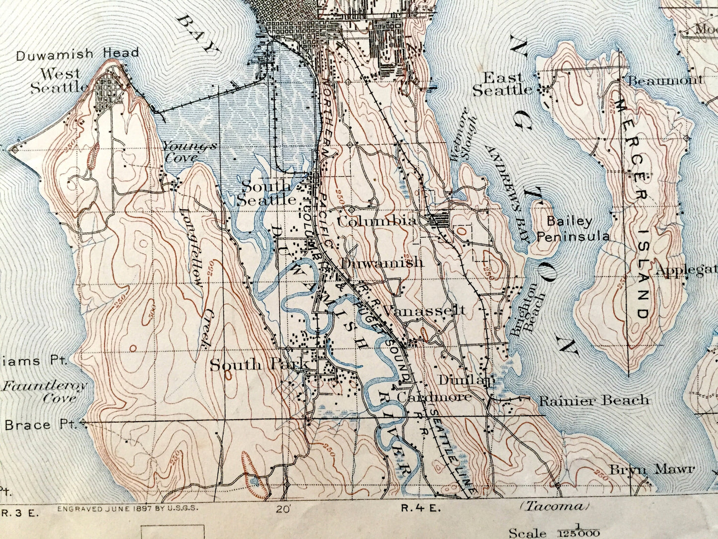 Antique Seattle, Washington 1895 US Geological Survey Topographic Map – Puget Sound, Snohomish, King, Kitsap County, Sammamish Green Lake WA