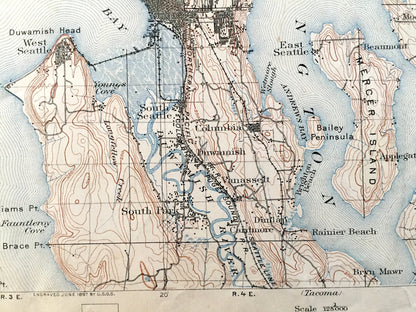 Antique Seattle, Washington 1895 US Geological Survey Topographic Map – Puget Sound, Snohomish, King, Kitsap County, Sammamish Green Lake WA