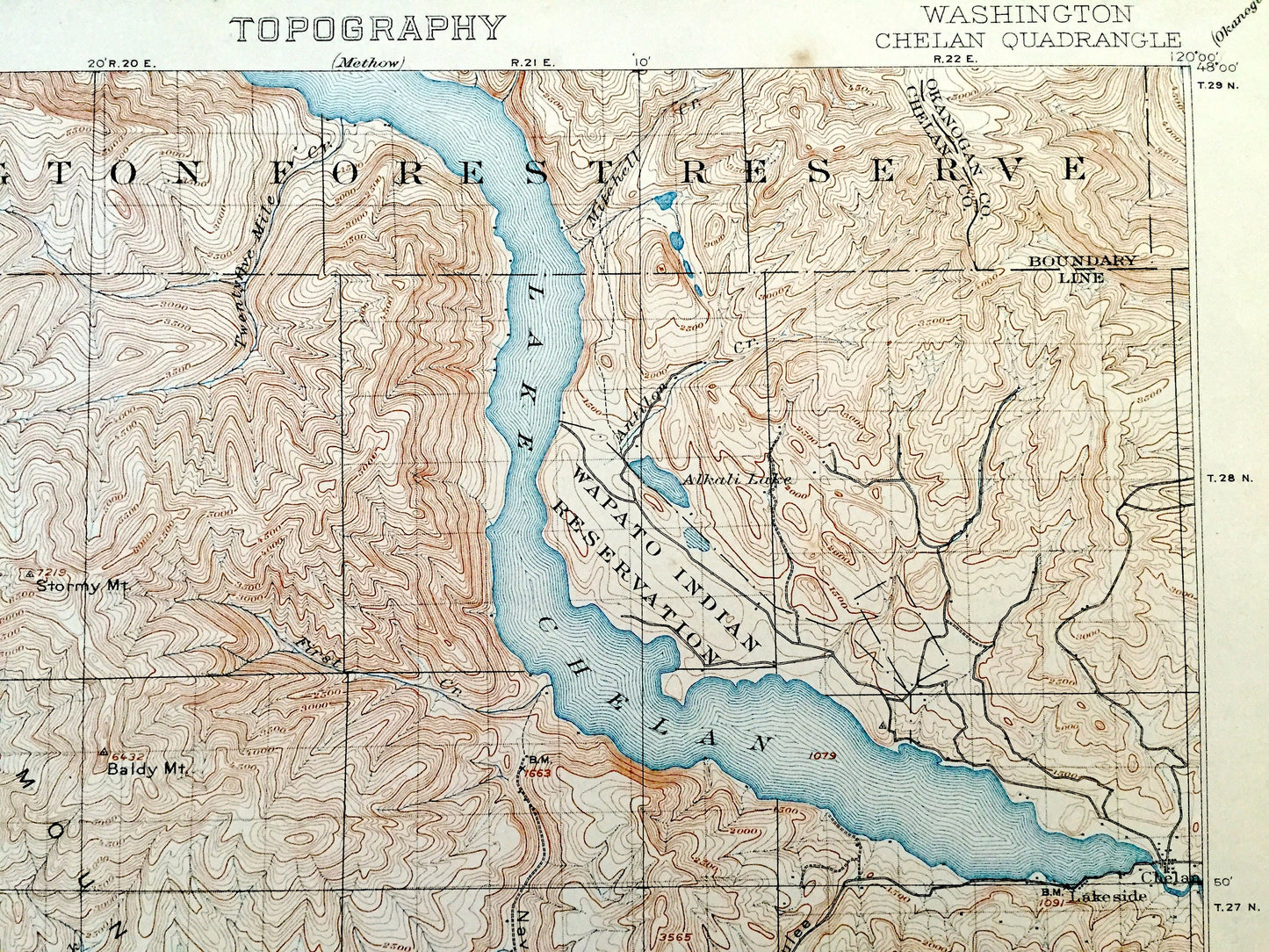 Antique Lake Chelan, Washington 1901 US Geological Survey Topographic Map – Douglas County, Okanogan-Wenatchee National Forest Waterville WA