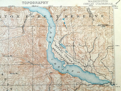 Antique Lake Chelan, Washington 1901 US Geological Survey Topographic Map – Douglas County, Okanogan-Wenatchee National Forest Waterville WA