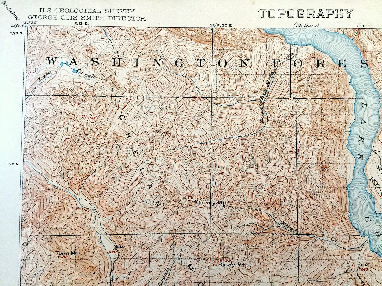 Antique Lake Chelan, Washington 1901 US Geological Survey Topographic Map – Douglas County, Okanogan-Wenatchee National Forest Waterville WA