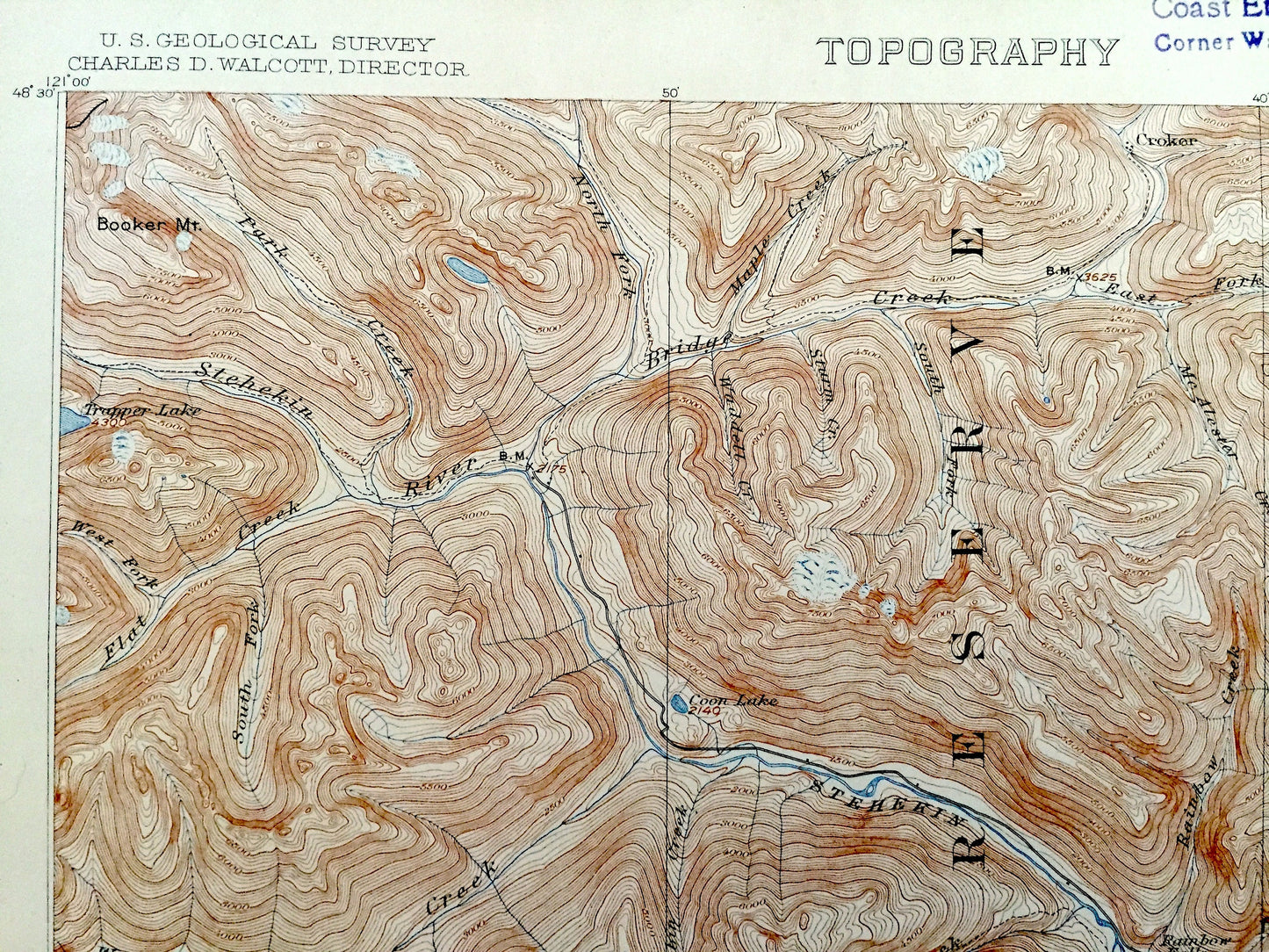 Antique Stehekin, Washington 1904 US Geological Survey Topographic Map – Chelan County, Cascade Range, Lake, Lucerne, Croker, Gilbert, WA