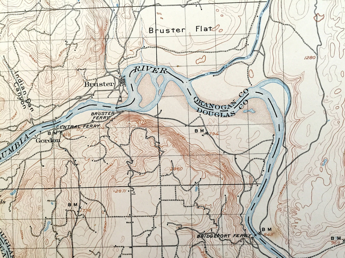Antique Okanogan, Washington 1905 US Geological Survey Topographic Map – Okanogan County, Alma, Olema, Malott, Knowlton, Pateros, Bridgeport