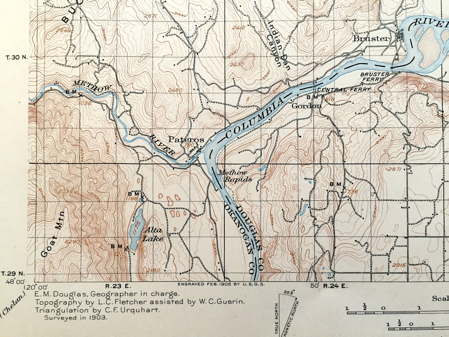 Antique Okanogan, Washington 1905 US Geological Survey Topographic Map – Okanogan County, Alma, Olema, Malott, Knowlton, Pateros, Bridgeport