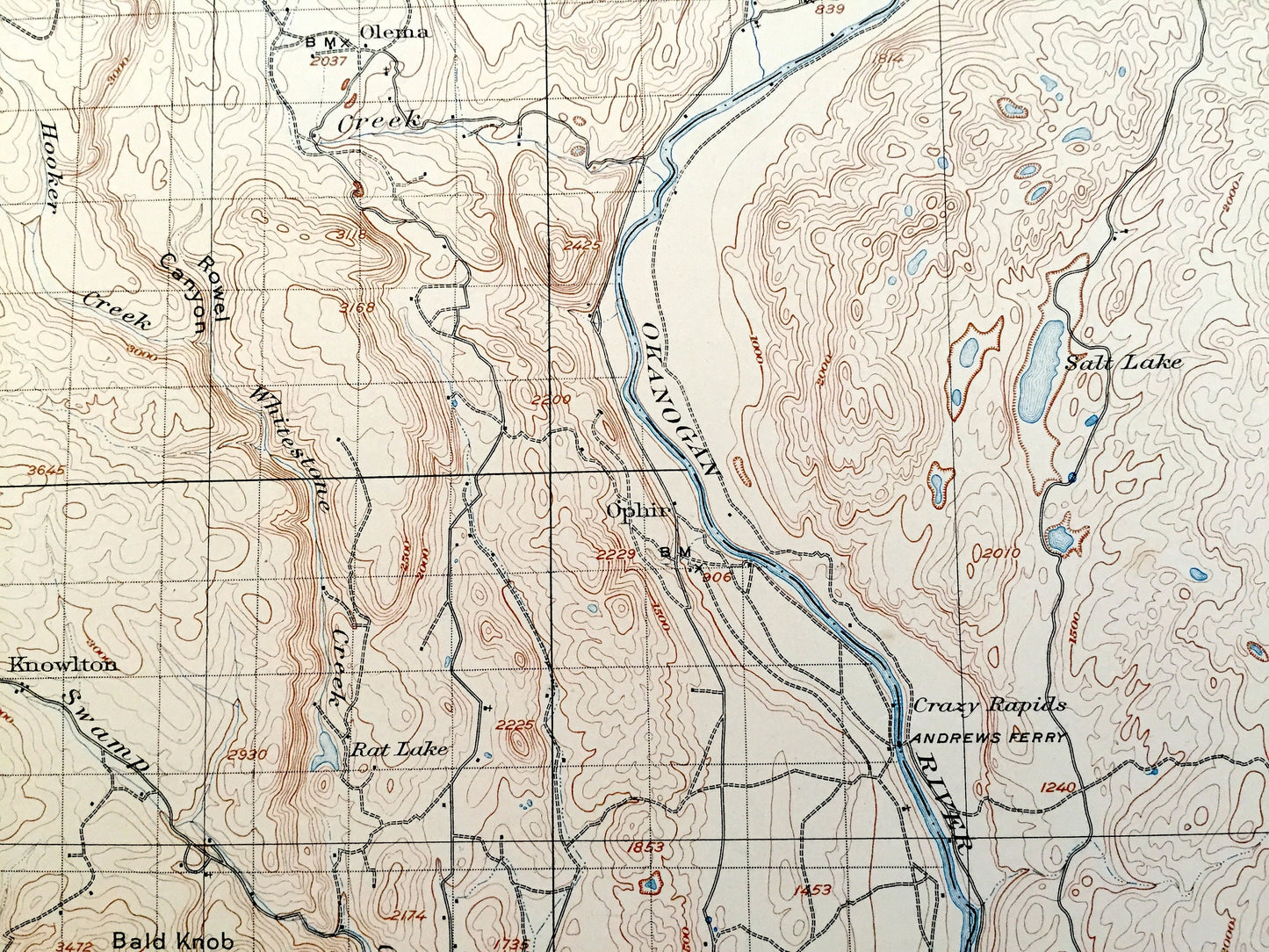 Antique Okanogan, Washington 1905 US Geological Survey Topographic Map – Okanogan County, Alma, Olema, Malott, Knowlton, Pateros, Bridgeport