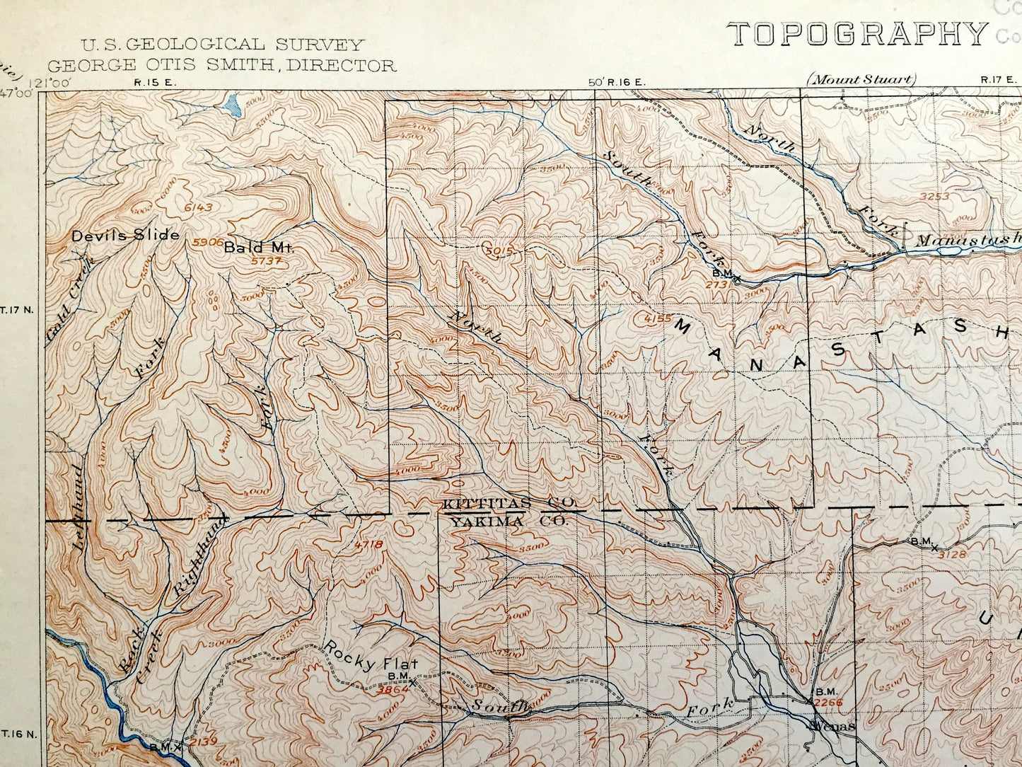 Antique Ellensburg, Washington 1901 US Geological Survey Topographic Map – Kittitas, Yakima County, North, Indian Reservation, Umtanum, WA